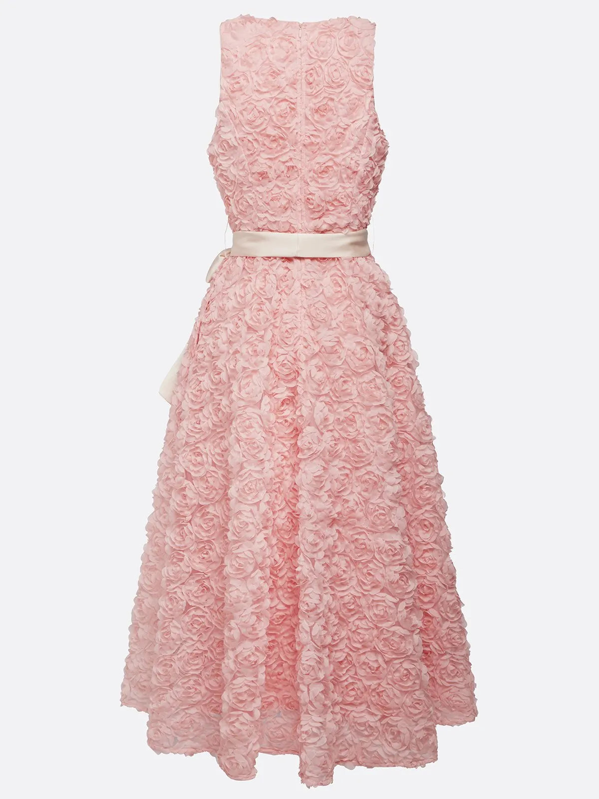 Pink 3D Floral Bow Crew Neck A-Line Midi Dress With Pockets