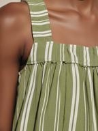 Green Striped Linen Tencel Loose Jumpsuit