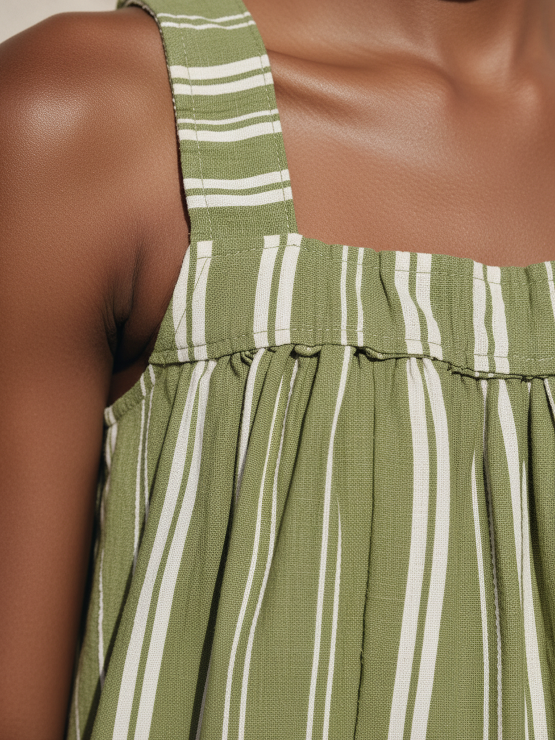Green Striped Linen Tencel Loose Jumpsuit