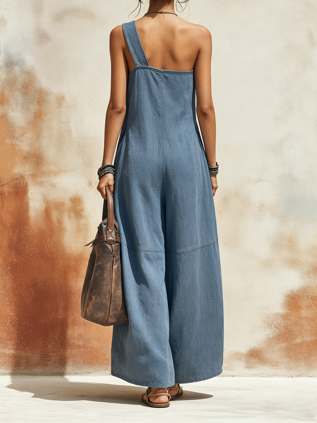 Adjustable Strap One-Shoulder Chambray Denim Maxi Jumpsuit