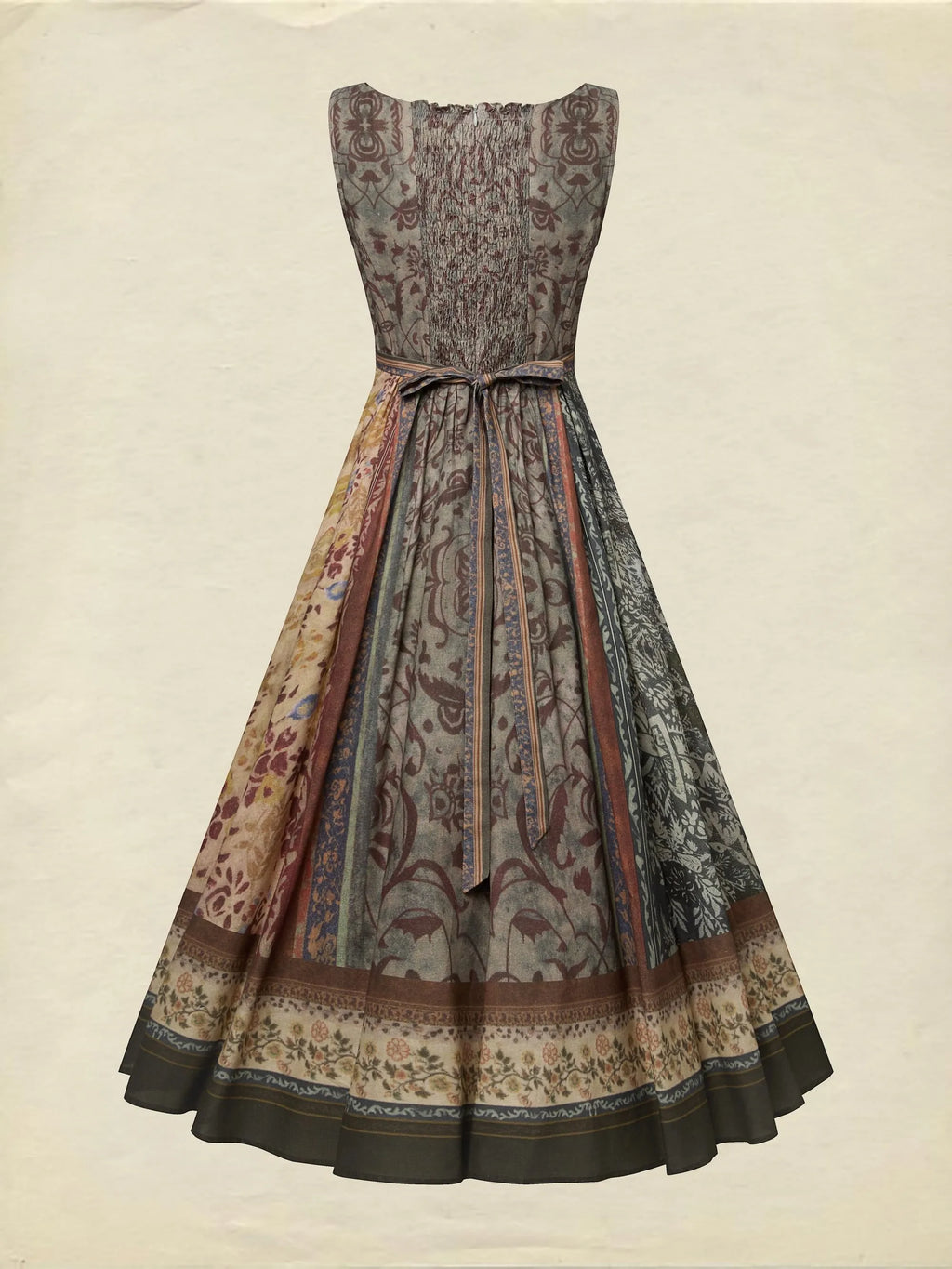 Maxi Cotton Dress, Sleeveless, Square Neck, Paisley, Suspenders, Vacation, Vintage, Brown