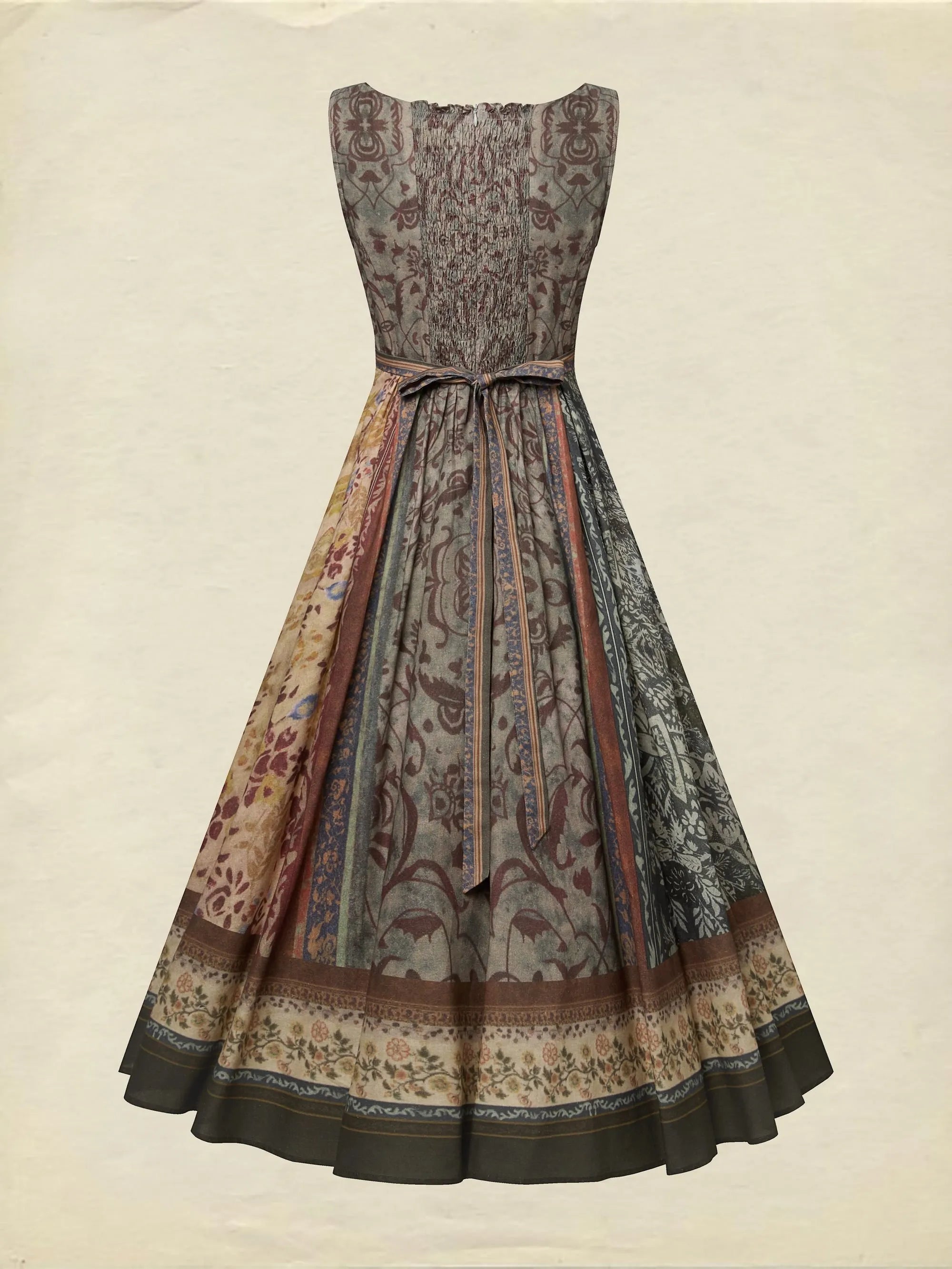 Maxi Cotton Dress, Sleeveless, Square Neck, Paisley, Suspenders, Vacation, Vintage, Brown