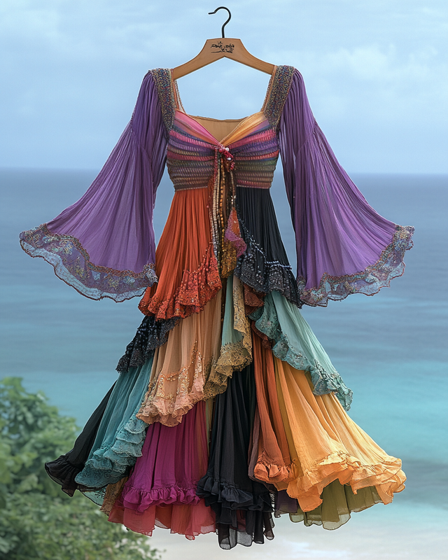 Elegant contrast color vacation rainbow maxi dress 6461