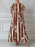 Earthy Striped Floral Print Cold-Shoulder Maxi Dress