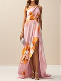 Pink Asymmetric Floral Classic One Shoulder Sleeveless A-Line Maxi Dress
