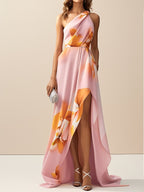 Pink Asymmetric Floral Classic One Shoulder Sleeveless A-Line Maxi Dress