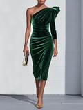 Green One Shoulder Three Quarter Sleeve Sheath Midi Velvet Dress