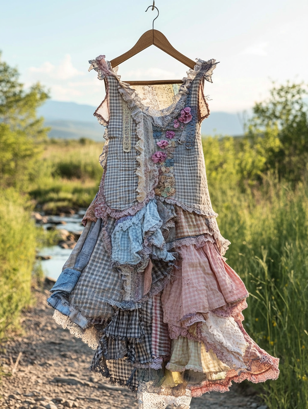 Summer Handmade Floral Plaid Patchwork Dress 2906