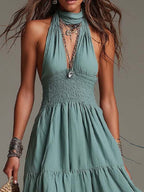 Bohemian Cotton-Linen Halter Smocked Tiered Maxi Dress