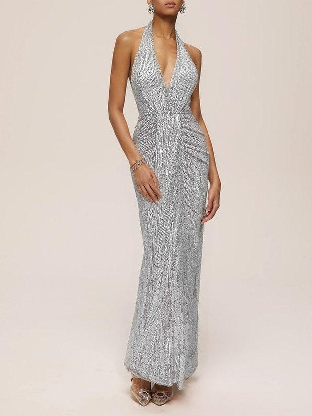 Pink Sequin Rhinestone Halter Sleeveless Sheath Maxi Dress