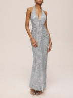 Pink Sequin Rhinestone Halter Sleeveless Sheath Maxi Dress