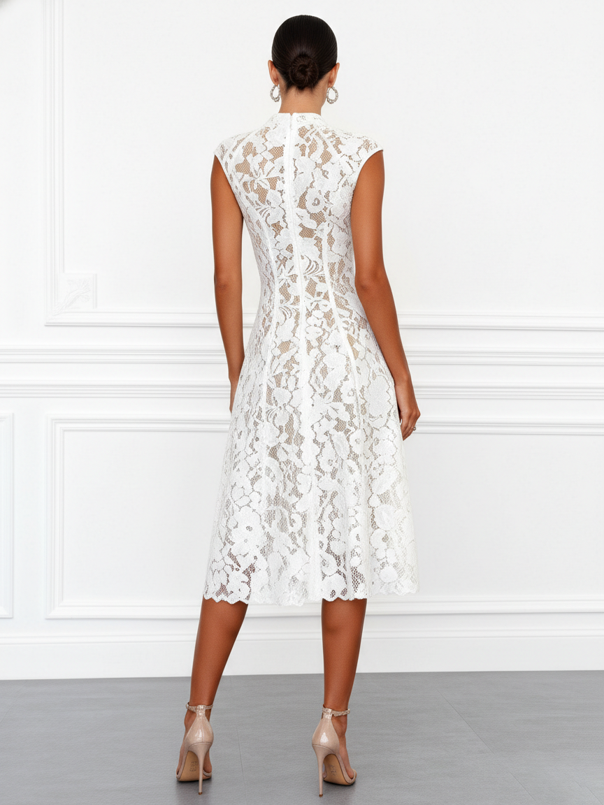 White Lace V Neck Sleeveless A-Line Midi Dress