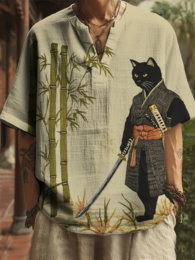 Men's Japanese Black Cat Swordsman Bamboo Embroidery Print Casual V Neck Shirt