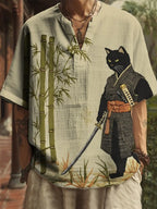 Men's Japanese Black Cat Swordsman Bamboo Embroidery Print Casual V Neck Shirt