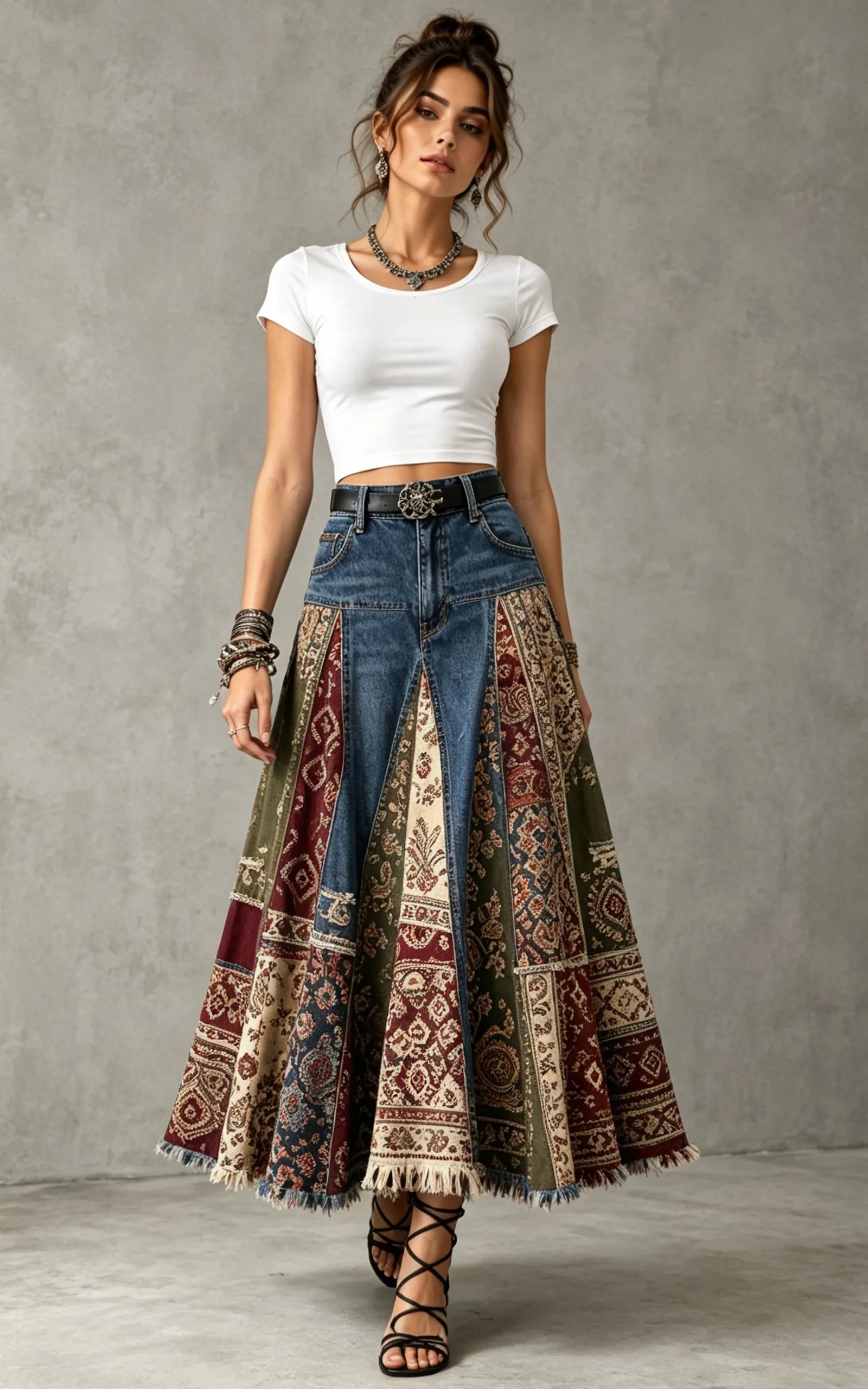 Bohemian Patchwork Denim Maxi Skirt