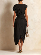 Asymmetric Twist-Waist Draped Midi Dress