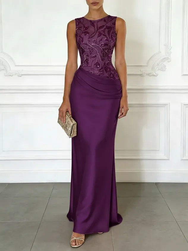 Blue  Embroidery Satin Crew Neck Sleeveless Sheath Gown Dress