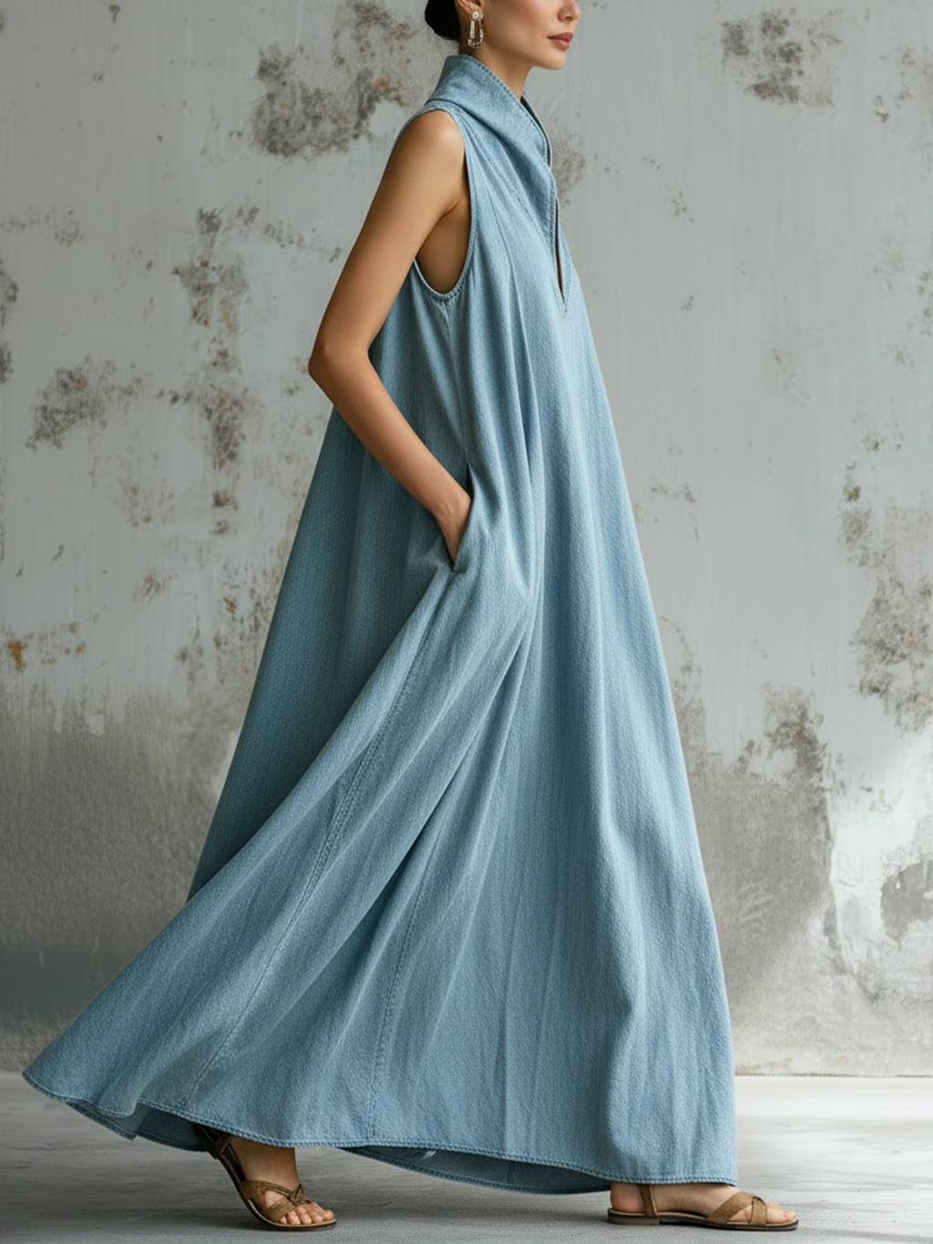 Light Wash Denim Sleeveless High-Collar Maxi Dress
