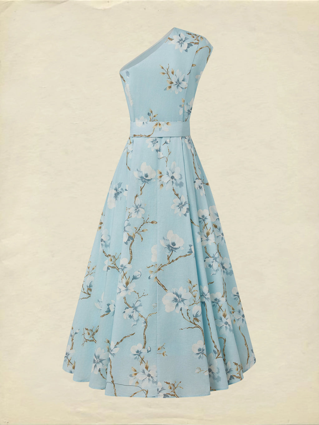 Maxi Linen Dress, Sleeveless, One Shoulder, Floral, Belt Design, Vacation, Vintage, Blue