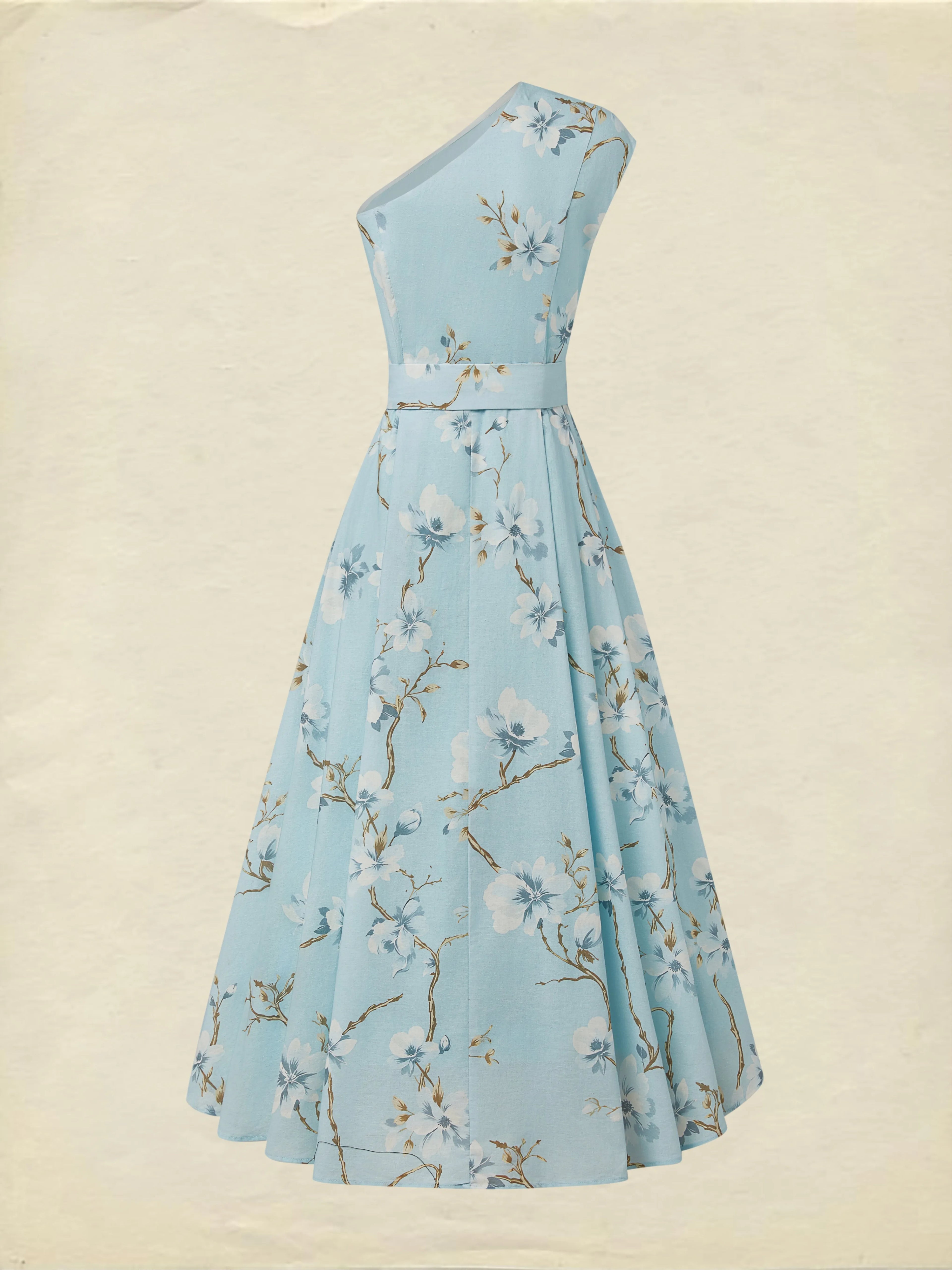 Maxi Linen Dress, Sleeveless, One Shoulder, Floral, Belt Design, Vacation, Vintage, Blue