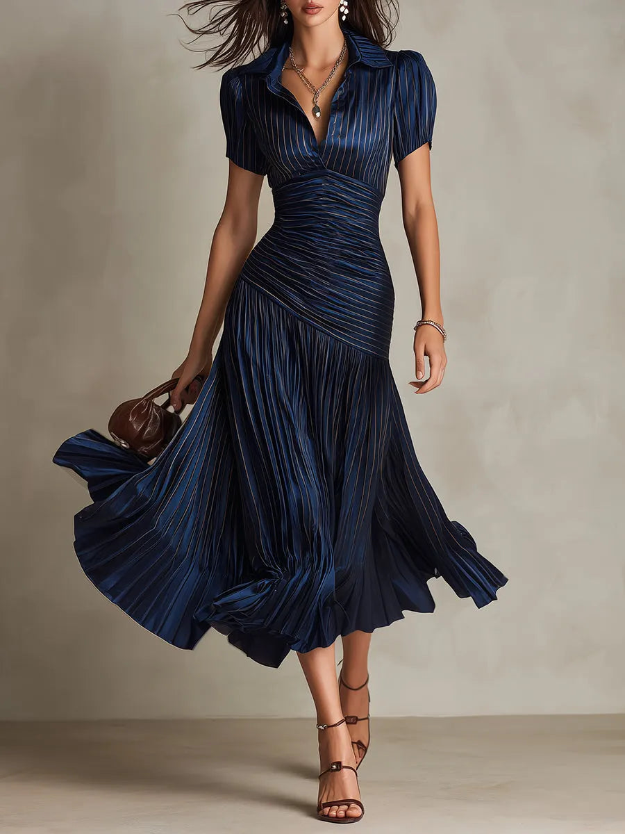 Retro Striped Satin Pleated Bodycon Midi Dress