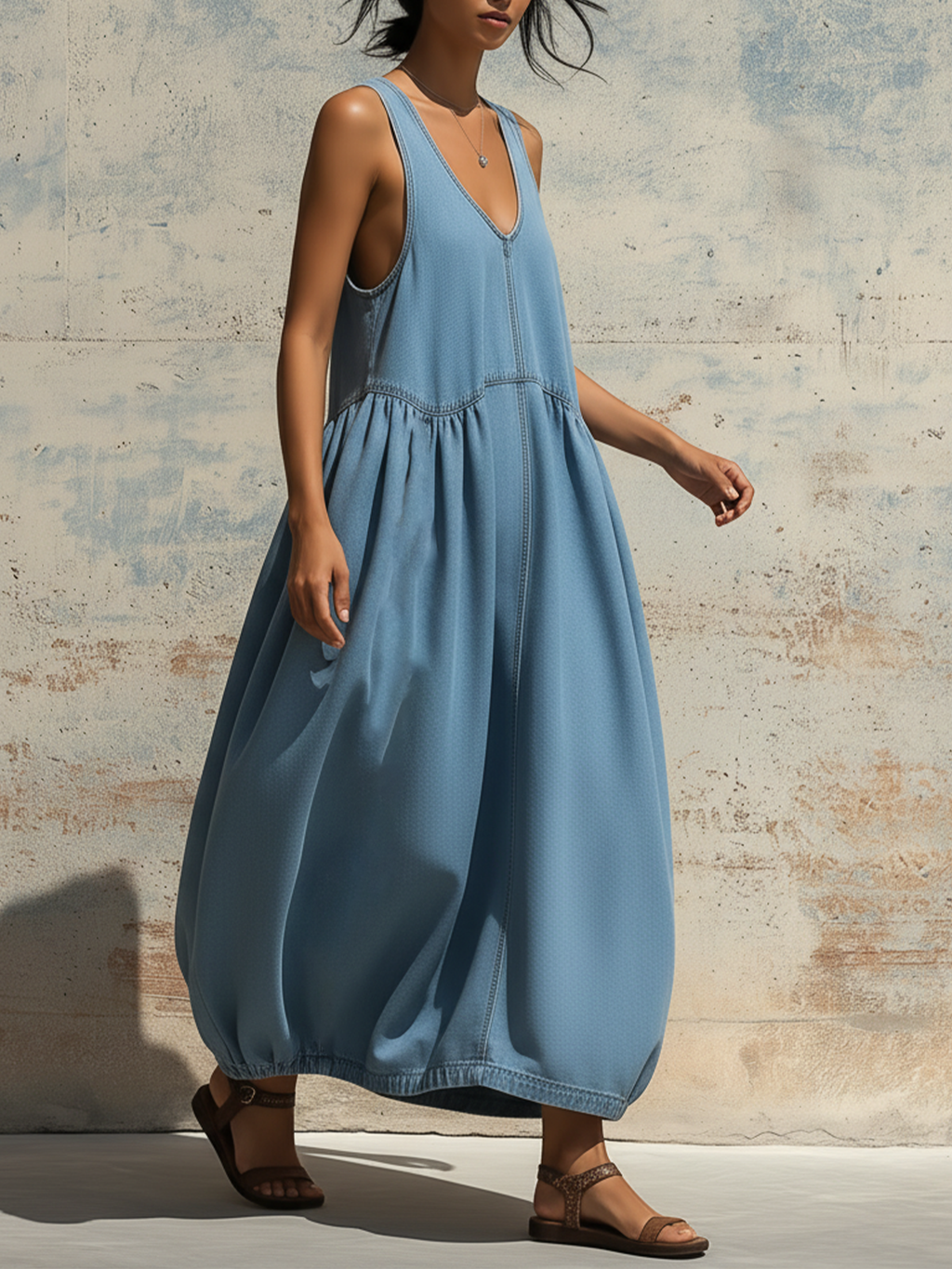 Light Blue Denim Sleeveless Bubble Hem Maxi Dress