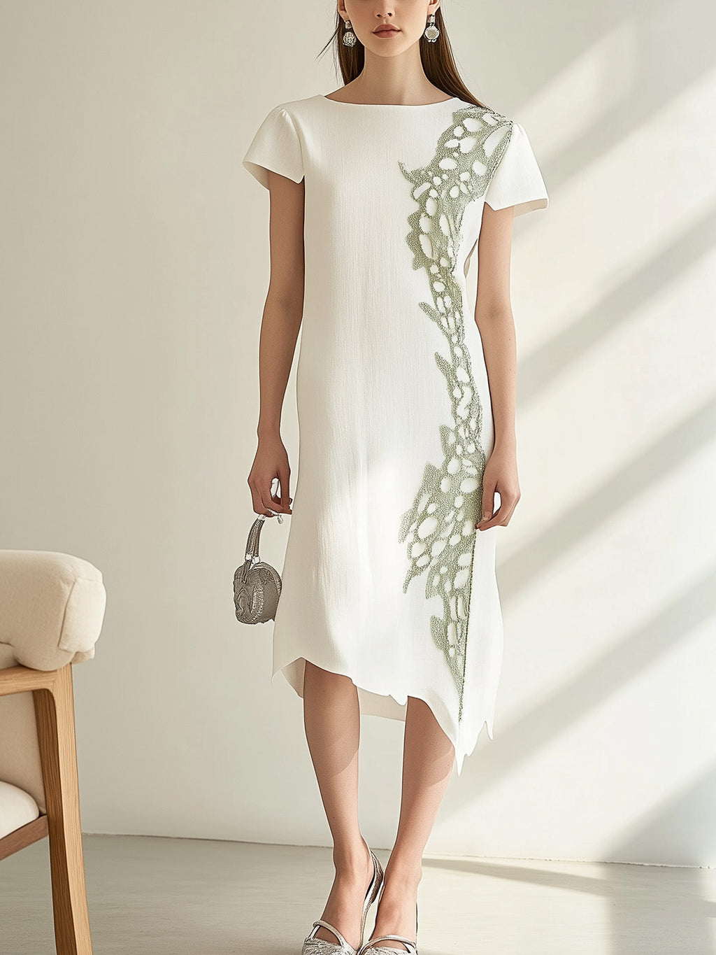 White Linen Dress with Green Embroidery Detail
