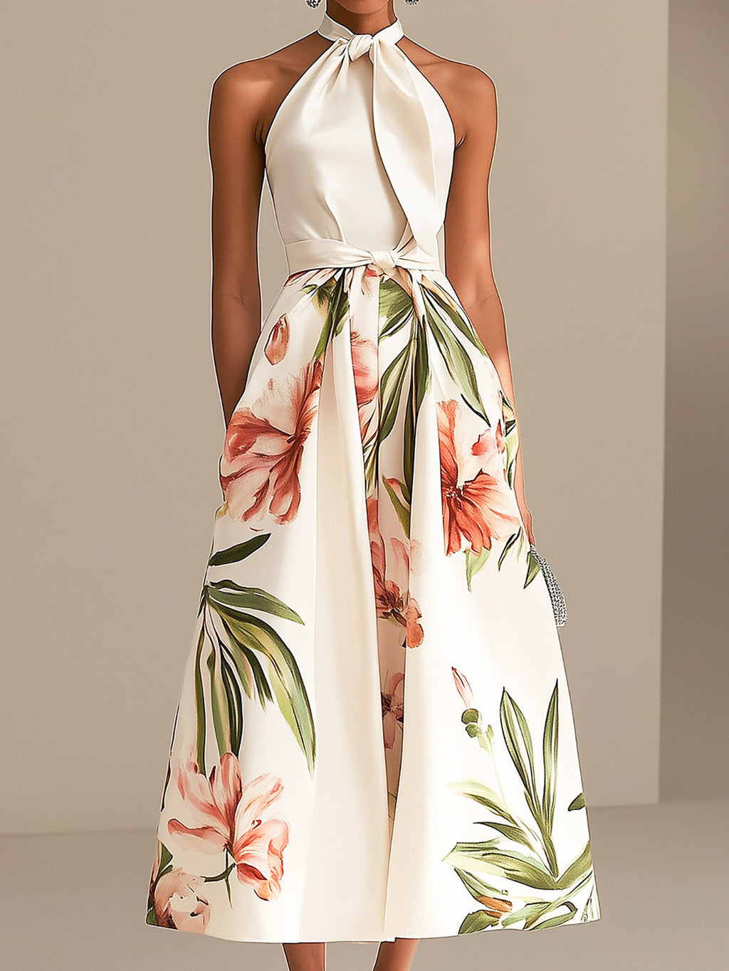 Chic Halter Neck Floral Midi Dress in Ivory Satin