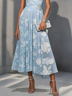 Light Blue Floral Ruched Classic One Shoulder Sleeveless A-Line Midi Dress