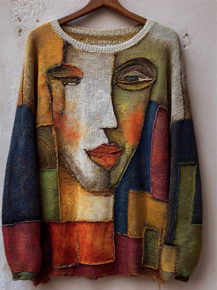 Vintage Abstract Face Colorblock Patchwork Knit Sweater