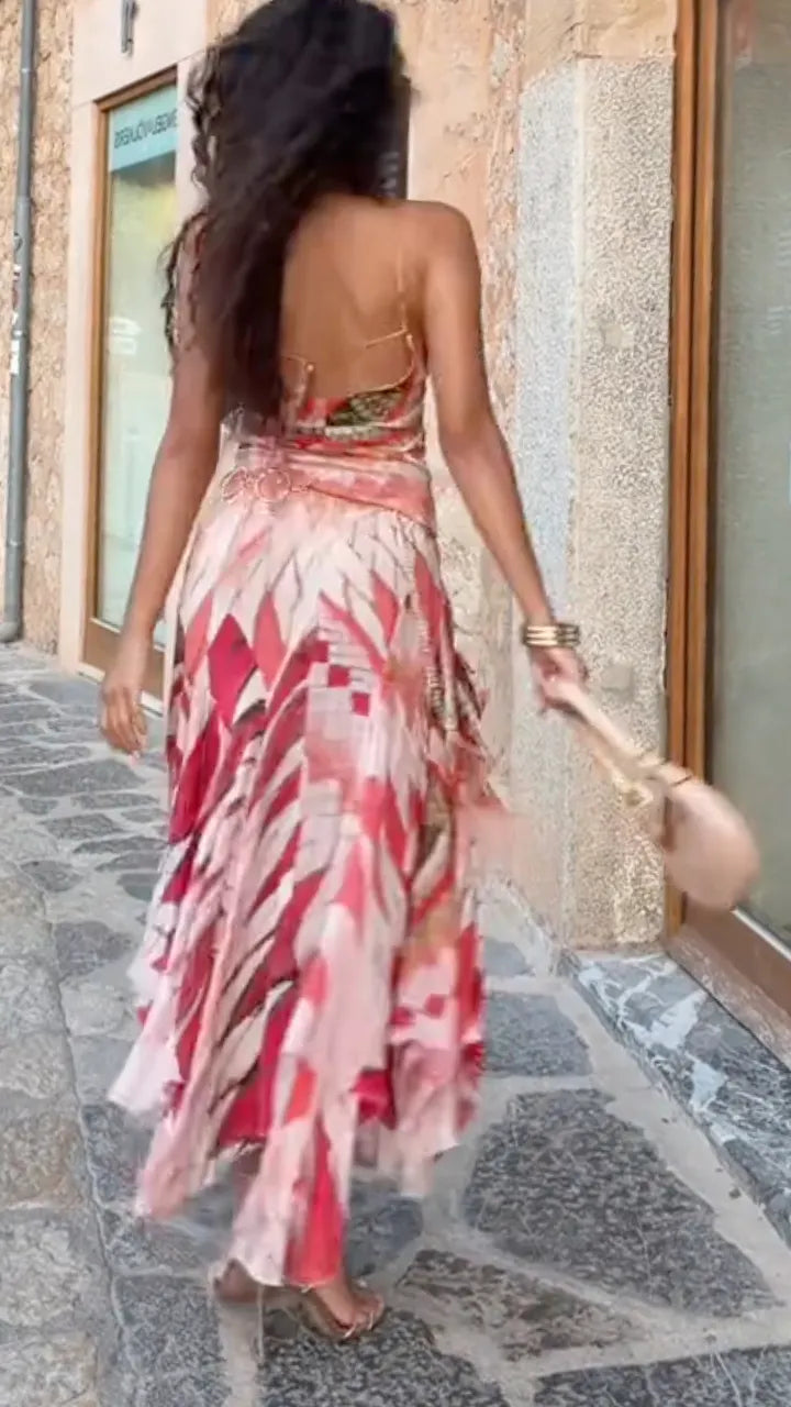 Boho Tribal Print High Low Fringe Maxi Dress