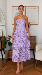 3D Floral Strapless Tiered Midi Dress