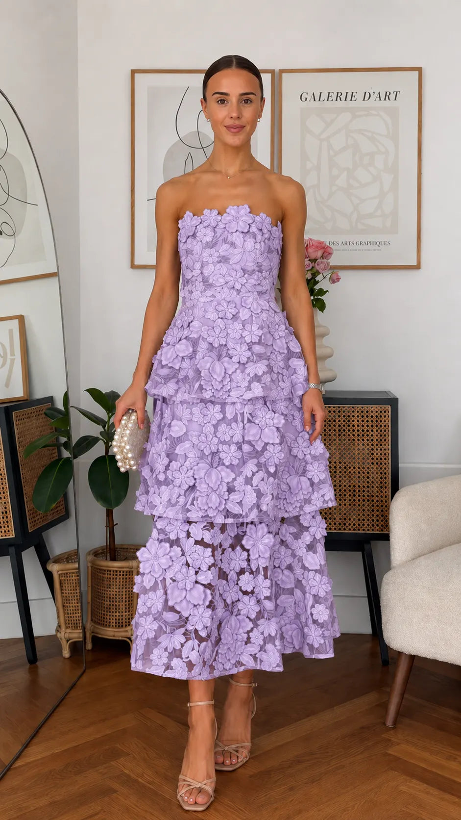 3D Floral Strapless Tiered Midi Dress