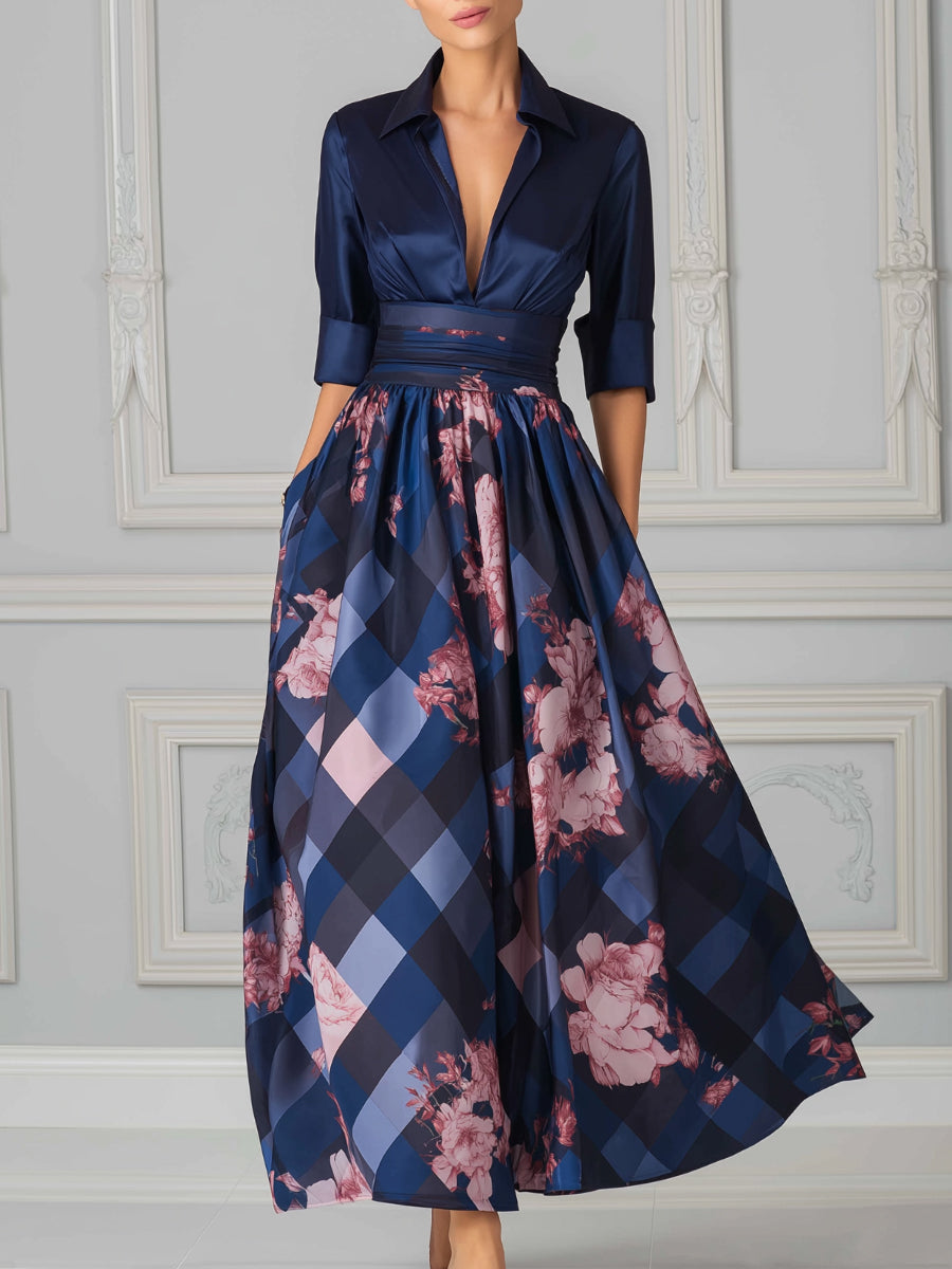 Collared Waist-Tie Pleated A-Line Maxi Dress