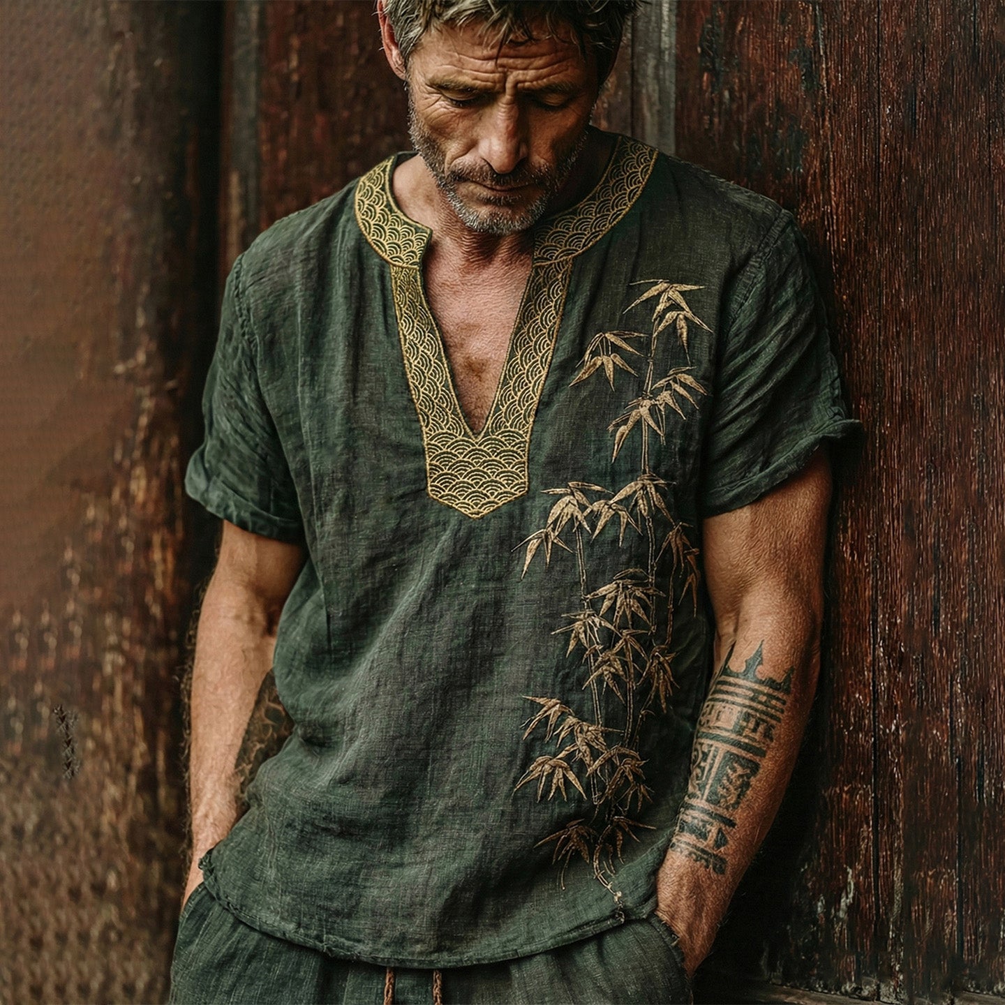 Men's Japanese Bamboo Waves Art Cozy Linen V Neck Shirt