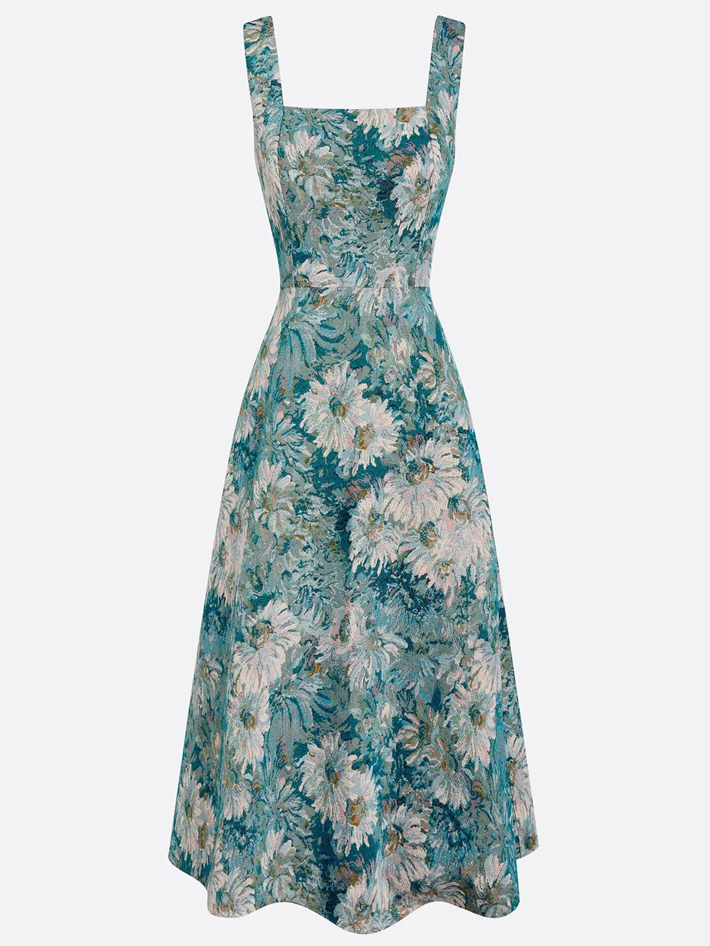 Blue Jacquard Classic Square Neck Sleeveless A-Line Midi Dress