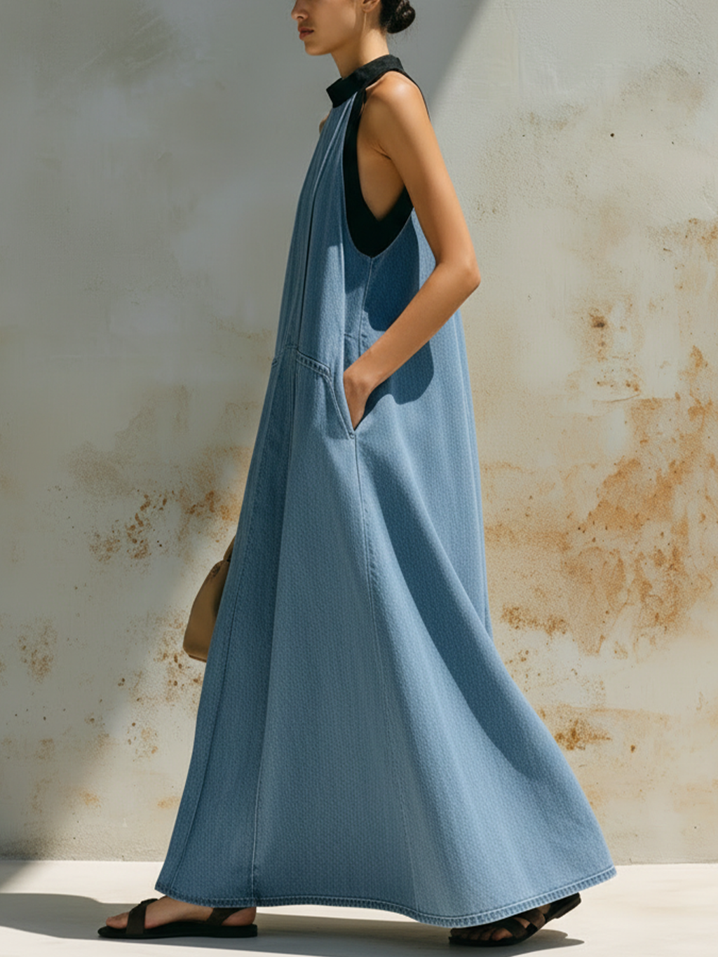 Light Wash Denim Halter Neck Maxi Dress With Black Trim