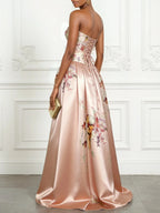 Pink Floral Satin Strapless Sleeveless A-Line Gown Dress