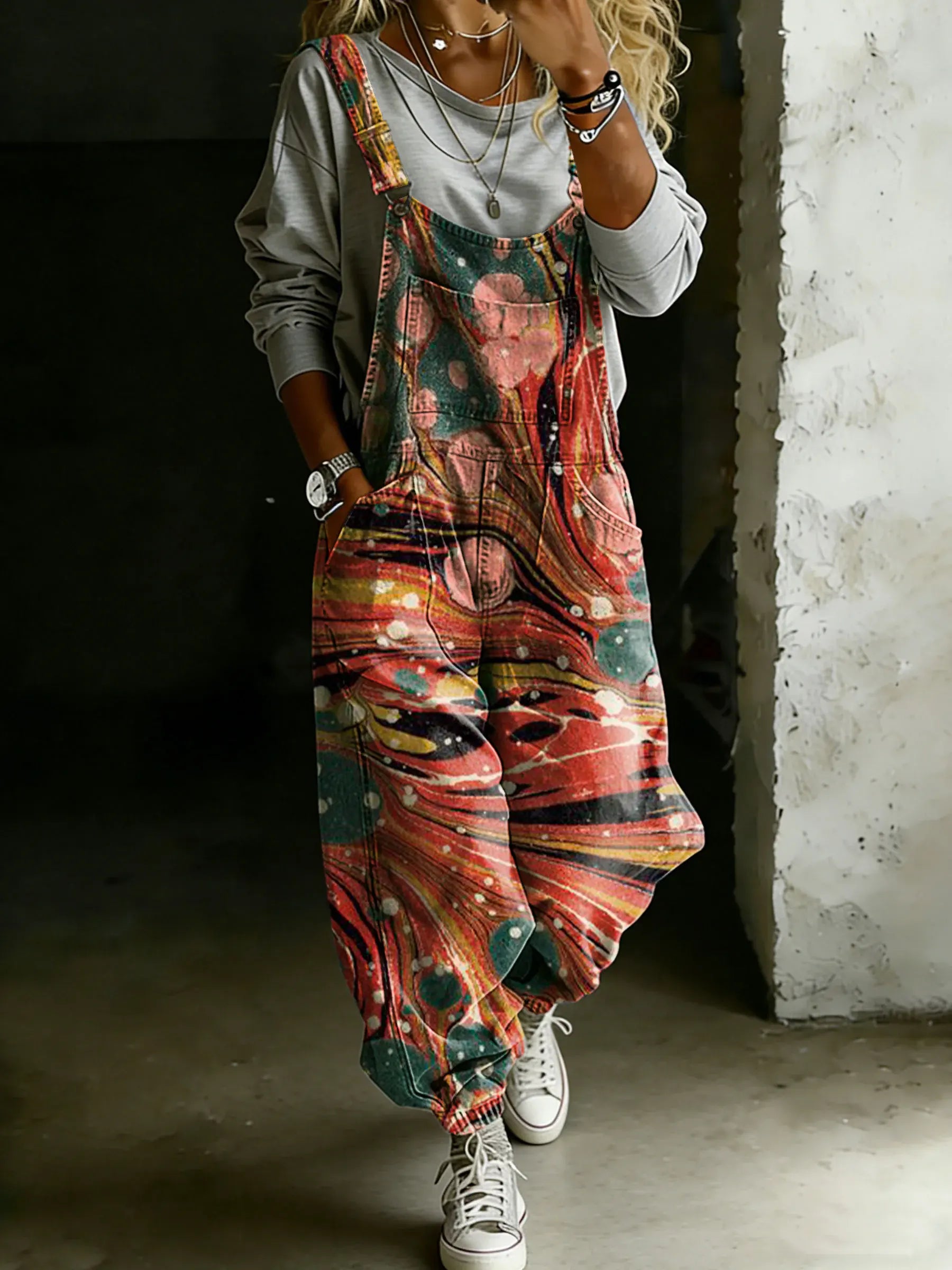 Women’s Vintage Abstract Waves Art Print Casual One Piece Denim Jumpsuit