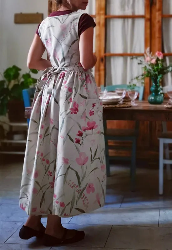 Watercolor Floral Square-Neck Apron with Pockets