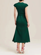 Dark Green Satin Floral Embroidery Cap Sleeve Slit A-Line Maxi Dress