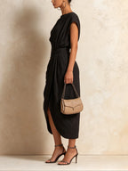 Asymmetric Twist-Waist Draped Midi Dress