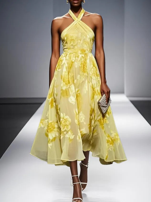 Yellow Floral Jacquard Chiffon Halter Sleeveless A-Line Midi Dress