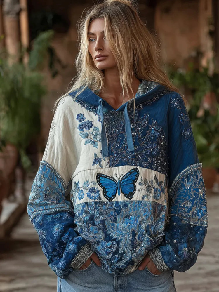 Women's Bohemian Style Plant-dyed Patchwork Floral Embroidery Blue Butterfly Hoodie