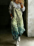 Women’s Vintage Gradient Art Print Casual One Piece Denim Jumpsuit