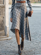 Midi Linen Dress, Long Sleeves, Stand Collar, Plaid, Belt Design, Vintage, Gray