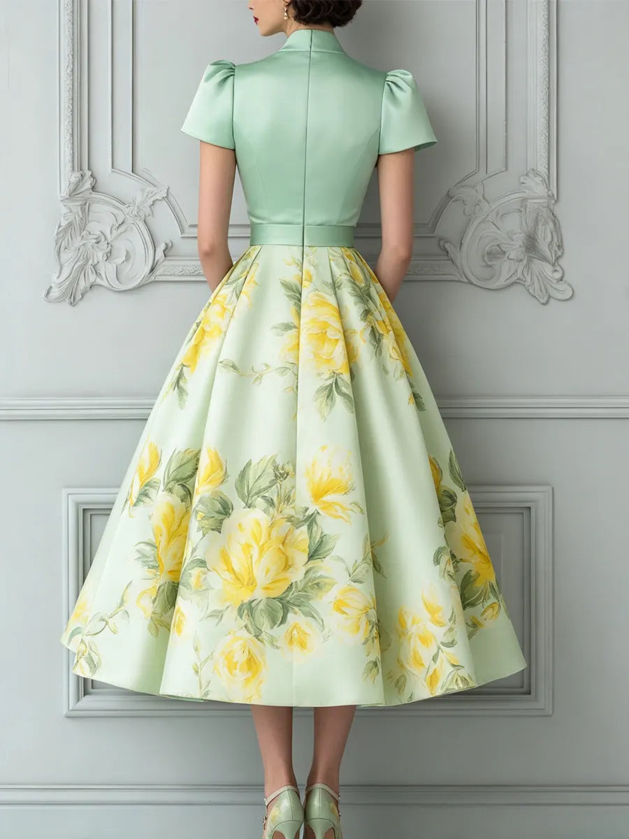 Green Floral Midi A-Line Dress With Belt And Puff Sleeves