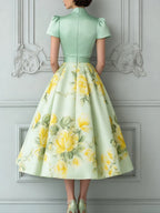 Green Floral Midi A-Line Dress With Belt And Puff Sleeves