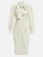 Off White Bow Classic Crew Neck Long Sleeve Sheath Midi Dress