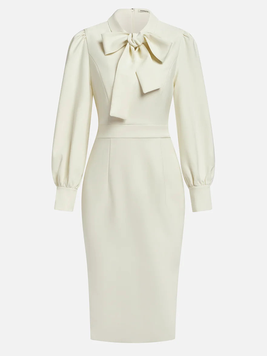 Off White Bow Classic Crew Neck Long Sleeve Sheath Midi Dress